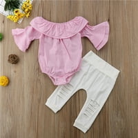 Детско бебе бебешки момичета дрехи от рамо ромпери + разкъсани панталони тоалети комплект