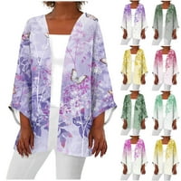 Kimono Cardigans for Women Open Front Kimono върхове Разхлабени звънец на звънец Кардиган Флорален принт леки върхове лилаво m