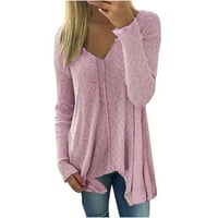 Absuyy пуловери за жени Просвещение Разхлабена пуловер плетене с дълъг ръкав v пуловер на врата Топ розов размер 3XL