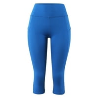 Женски твърд цвят подрязани панталони странични джобове с високи талия гамаши йога панталони йога панталони сини s