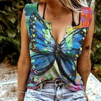 Женска пеперуда отпечатан резервоар отгоре дълбок V шия без ръкави модна жилетка Лято ниско рязане на копчета случайни камизоли върхове