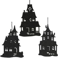 Празник орнамент, обитавана от къщи силуети дърва за Хелоуин Spooky RL0840