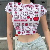 Нови жени лято Hello Kitty Печат на реколтата Кльощава тънка форма с къси ръкави кръгли тениски за врата на шията y2k