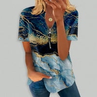 Bazyrey дамски летни върхове Градиент отпечатан половин цип женски v шия модерен къс ръкав свободна туника тениски сини 2xl