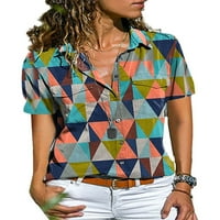 Grianlook дамски ризи бутон надолу блуза ревера шия торбисти с къс ръкав жени ежедневни геометрични печат свободен джоб 5 m