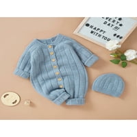 0- месеца новородено момиченце момче пуловер Romper с дълъг ръкав плетен костюм Една зимна тоалетна с шапка синьо 9- месеца