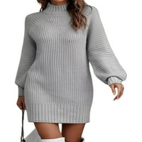 Колиша жени пуловер рокля солиден цвят пуловер джъмпер с дълъг ръкав мини рокли меки топли високо ший кафяв s