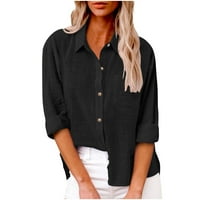 Дамски блузи с дълъг ръкав просвет плътни цветни бутон надолу ризи Разхлабени ежедневни върхове за работа S-5XL черно