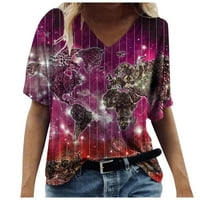 Кратка ръкав Небрежен блуза Графични отпечатъци върхове V-образно лято за жени горещо розово l