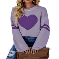 Женски сърдечен принт плетен пуловер с дълъг ръкав екипаж на врата пуловер върхове Свети Валентин GIF GIF