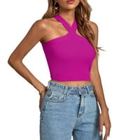 USMIXI TANK TOP за жени солидни летни халтер тениски без ръкави секси от рамо тънък монтаж на плетено оребчета излизане на блузи жилетка горещо розово l хлабина под $ 5