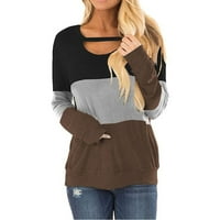 Cuhas дамски модни блузи ризи ежедневни цветове контраст кръгла врата пуловер с дълъг ръкав плюс размер дълъг ръкав зимни женски върхове кафяви s