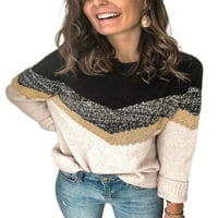 Пуловер за врата на Calzi Crew For Women Плетени плетени пуловери Небрежни уютни джъмперни върхове сплайсирани пуловер с дълъг ръкав кафяв 3xl
