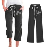 Панталони за глезени на женски глезени за лято, модна жена с висока талия с права тръба Тараксакум отпечатан памук и бельо CAPRIS Black, XXL