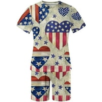 USA Flag Printed 2-Pieces тоалети за мъжки 4 юли Деня на независимостта Стъпени летни тениски и къси панталони Комплекти пот празничен костюм за ваканция Два комплекта Crewneck къс ръкав бял XL
