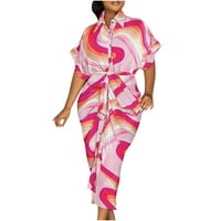Лятна рокля с риза за медии за жени Продажба Хавайски тропически отпечатан плажен бандаж Бутон Елегантна почивка Бохо с къс ръкав прилягане на ревера за момичета реколта розово m