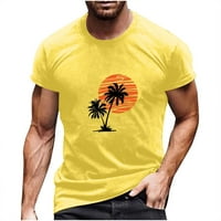 Yuwull Men's кръгла шира Хенли риза къси панталони ръкав хипи ежедневен залез кокосово дърво печат пуловер фитнес плаж тениски жълт клирънс