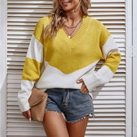 Hfyihgf Големи пуловери за жени секси дълбок V Neck Long Loneve Color Patchwork кабел плетен пуловер Разхлабен джъмпер туника пуловер върхове （жълт, xl)