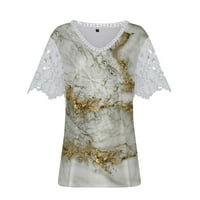 Bazyrey Womens V-образно деколте върхове женски късо ръкав флорална блуза лятна ежедневна туника ризи злато xl