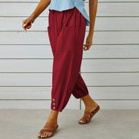 YIVETOT DRAWSTRING CAPRIS PANTS FOR WOMER Summer Savings Clearance Дамски моден летен бутон Небрежен хлабав памук и бельо джобни твърди панталони панталони вино xl