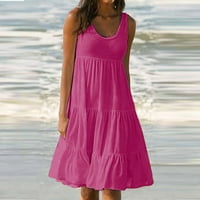 Yeasitch летни рокли за жени модни празници лято солиден цвят без ръкави плажни рокли пролетни рокли Sundresses горещо розово 5xl