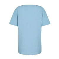 Женски ризи тениски ризи за жени, женски върхове с къс ръкав ежедневни летни графични флорални отпечатани памучни конопени туники небесно синьо xxxxxl