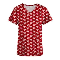 Свети Валентин Скраб_Top за жени медицинска сестра работеща униформа любовна сърдечна печат с къс ръкав v ризи за врата забавни празнични върхове