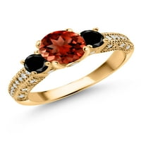 Gem Stone King 18k жълто злато, покрито със сребърен червен гранат черен диамант и бял мосанитен годежен пръстен за жени