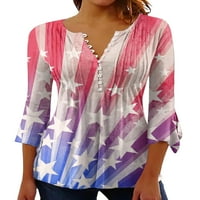 Lumento жени тениска американски флаг летни върхове v шия хенли риза дами ежедневни тийнейджърки с лекота на ръкав туника блуза синьо бяло 2xl