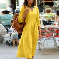 Женски рокли Дължина на глезена А-линия ръкав Небрежен V-образен летен плътна рокля Жълта XL
