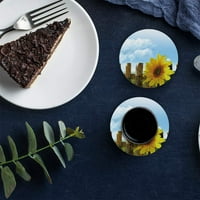 Слънчогледов комплект от кръгло влакче за напитки, абсорбиращи керамични каменни камъни чаша постелка с коркова основа за домашна кухненска стая за кафе бар декор декор