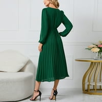 Дамски летни официални елегантни солидни рокли A-линия с дълъг ръкав V-образно деколте Midi Ruched с колан зелено 2xl