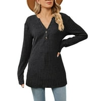 В продажба зимен дамски пуловер тънък лек пуловер за жени ежедневен бутон нагоре v врата удобна плетена пуловер туника върхове солидни ежедневни пуловерни върхове на пуловер