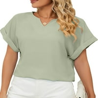 Grianlook дамски тениска солиден цвят летни върхове с къс ръкав тениска жени мода тройник v свободен пуловер на шията зелено m