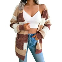 Жени отворени предни жилетри пуловери Небрежни цветови блок с джобове с дълъг ръкав бутон надолу с плетене на палто