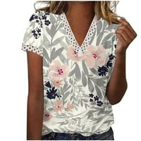 Женски лято V-образно деколте с късо ръкав блуза върхове ежедневно отпечатана риза отгоре сиво m