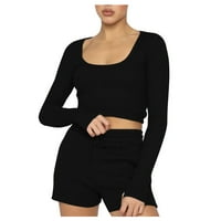 Wavsuf комплект за жени облекло с дълъг ръкав от врата на врата и къси панталони черно два комплекта размер XL