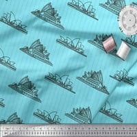 Soimoi Blue Cotton Voile Fabric Stripe & Sydney Opera House Architectural Print Fabric край двора