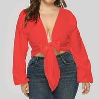 Жени плюс разтвор за размери Жени мода лято секси лак V Врат Плътно цвят дълъг ръкав къса риза отгоре червено