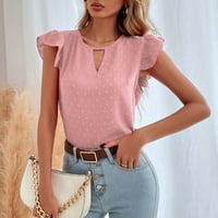 Дамски върхове модни дамски ежедневни плътни цветове памучно бельо бродерия с къс ръкав тениска отгоре розов xl