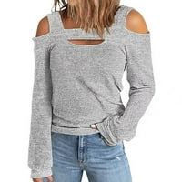 Студени върхове на пуловер за рамо за жени ежедневни лек дълъг ръкав тънък прилепват основни тениски със солиден цвят меки удобни джъмперни върхове