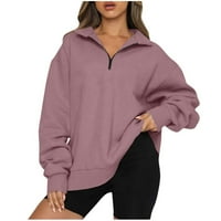 Дамски огромен суичър половин цип свободни меки пуловер върхове дълги ръкави яка риза ежедневно яке есен пролет моден палто солидни основни дрехи розово xl