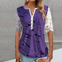 Apepal жени плюс размер V-образна дантела с къси ръкави Хенли ризи бутони нагоре плисирани блуза туника върхове лилаво s