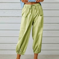 YIVETOT DAWSTRING CAPRIS PANTS FOR WOMER Summer Savings Clearance дамски моден летен бутон Небрежен хлабав памук и бельо джобни твърди панталони панталони зелени xxxl