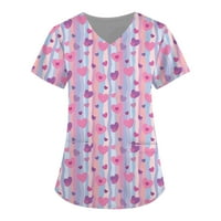 Блузи за жени приляга на женски сладък отпечатан къс ръкав v Врат TOP работна джобна риза Галдови дами горни лилави 3XL