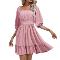 Букър Рокли Личност женска лятна рокля с квадратна врата Проста и деликатен дизайн розов полиестер s