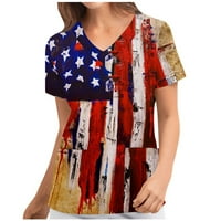 Xysaqa скраб отгоре за жени Лято американски флаг печат с къс ръкав Униформена патриотична риза с джобове