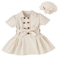 Frobukio Kids Girls Dress тоалети Небрежен копче с къс ръкав A-Line рокля шапка с боукт летни дрехи