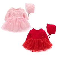 Bullpiano Baby Girls дантелени рокли при принцеса + шапка, новородени момичета с дълъг ръкав парти туту рокля, 0- месеца