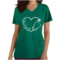 Дамски медицински сестри скраб с къс ръкав v Врат Плътно цветен печат скрак Тениска Медицински скраб ризи с джобове
